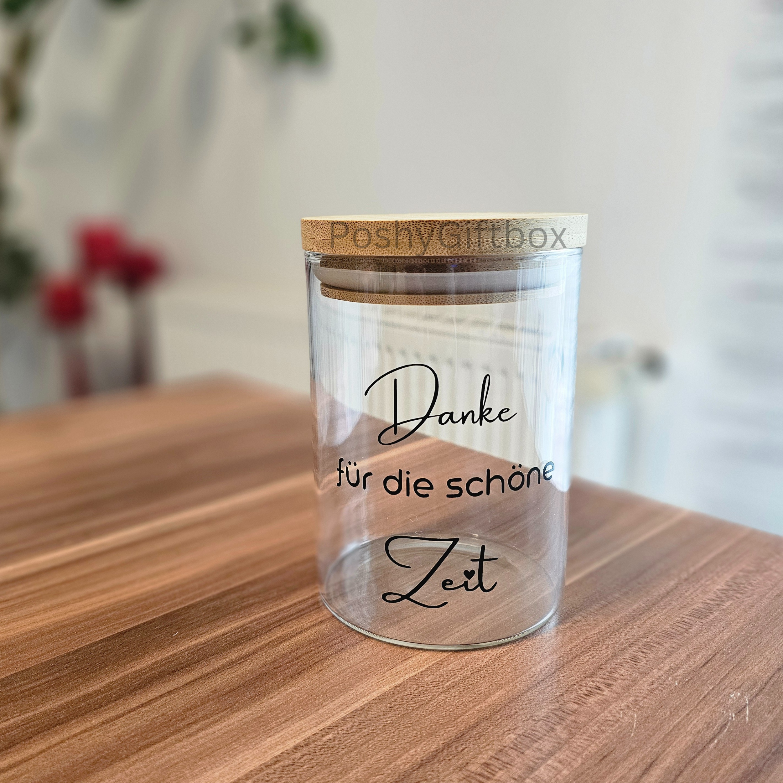 VORRATSGLAS mit Holzdeckel/Wunschtext/Danke für die schöne Zeit/t/Abschiedsgeschenk/Geschenkverpackung PoshyGiftbox