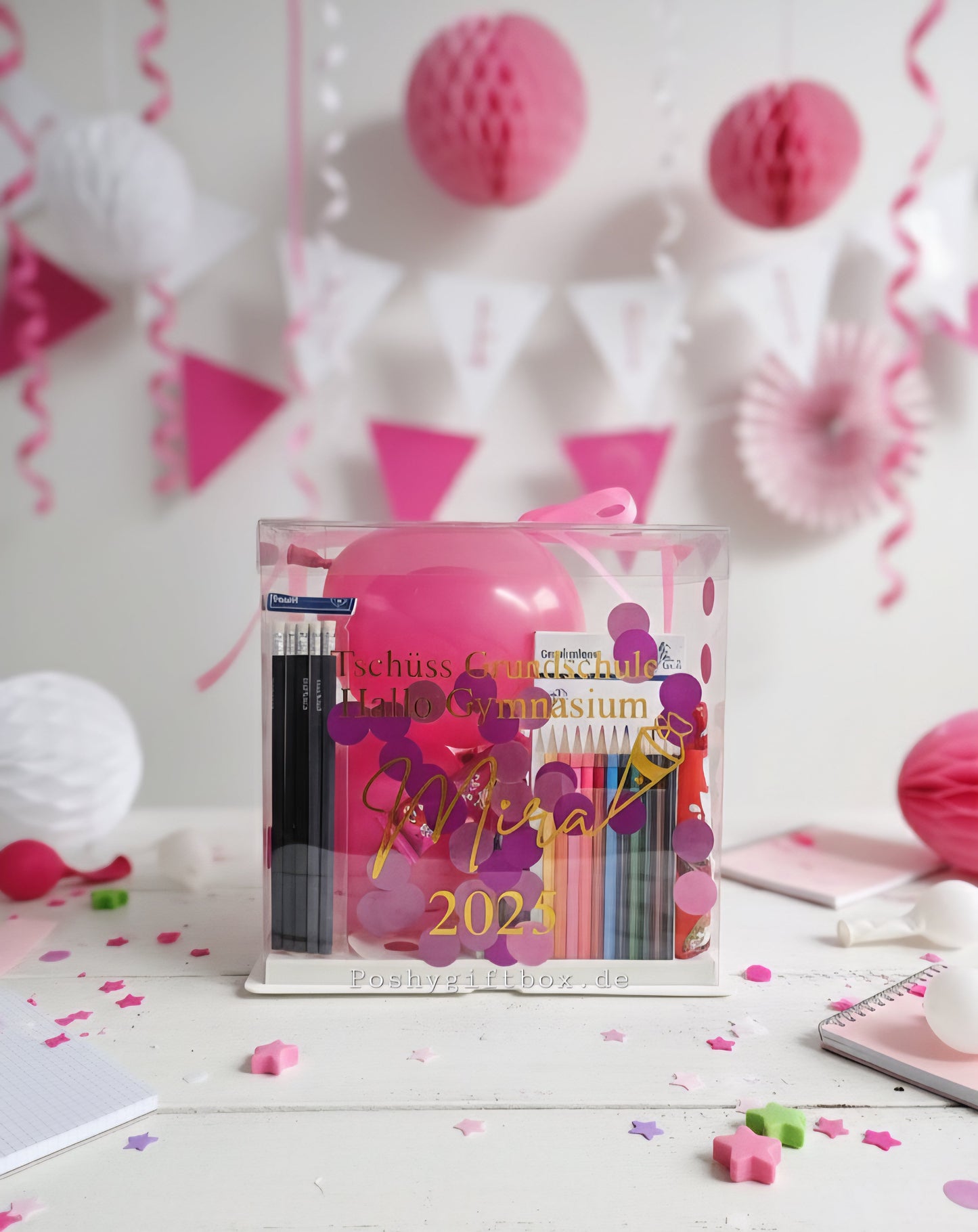 Personalisierte Ballonbox "SCHULKIND"/ mit Schulmaterial/Geschenk Mädchen Junge/Geschenkverpackung zur Einschulung/Geschenk Jugendweihe/Geschenkballon Geburtstag/ PoshyGiftbox
