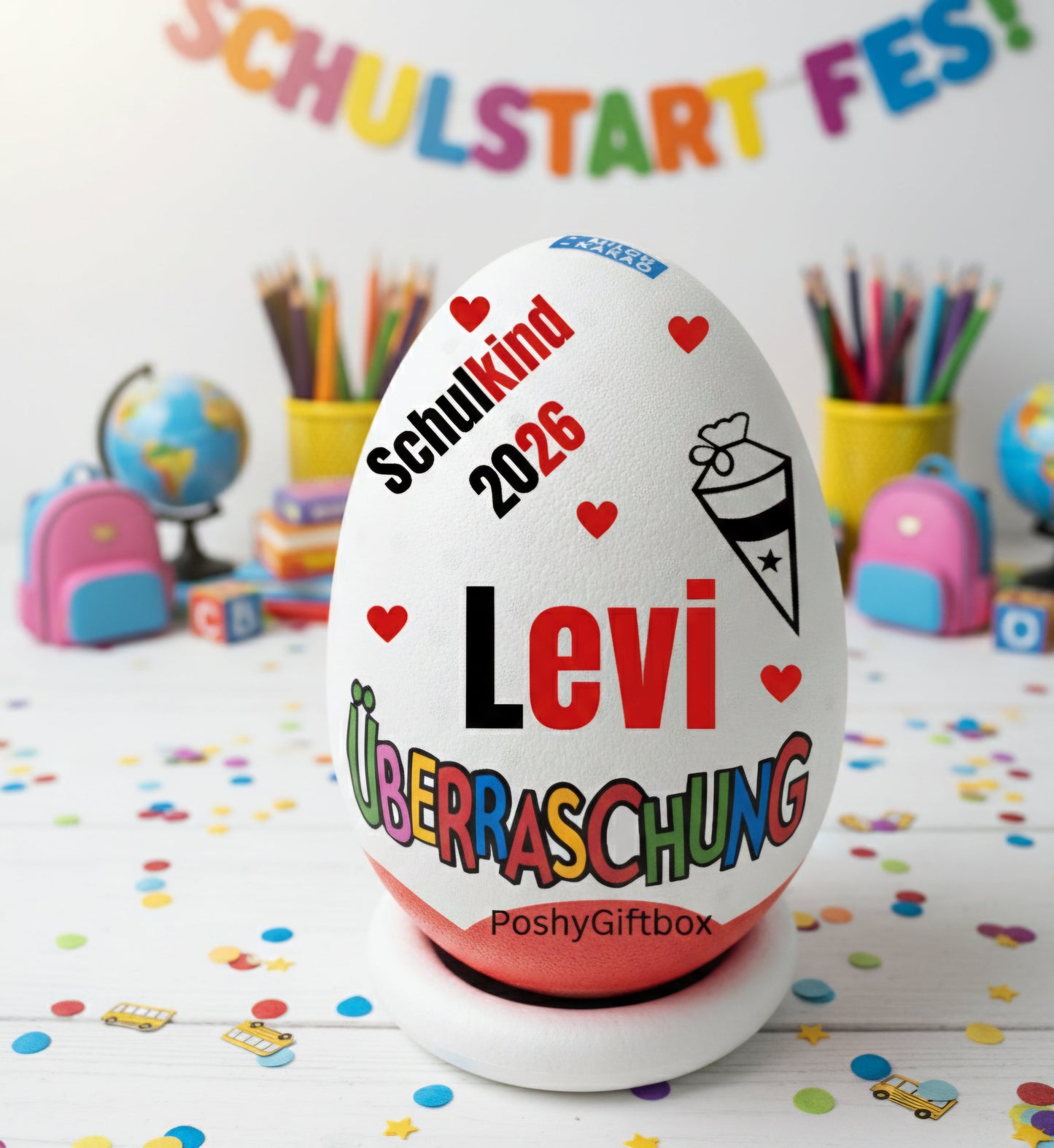 Personalisiertes XXL Überraschungsei SCHULKIND/ XXL Überraschungsei Personalisiertes Geschenk / Ü-Ei befüllt /9 Designs/Einschulungsgeschenk Schultüte PoshyGiftbox