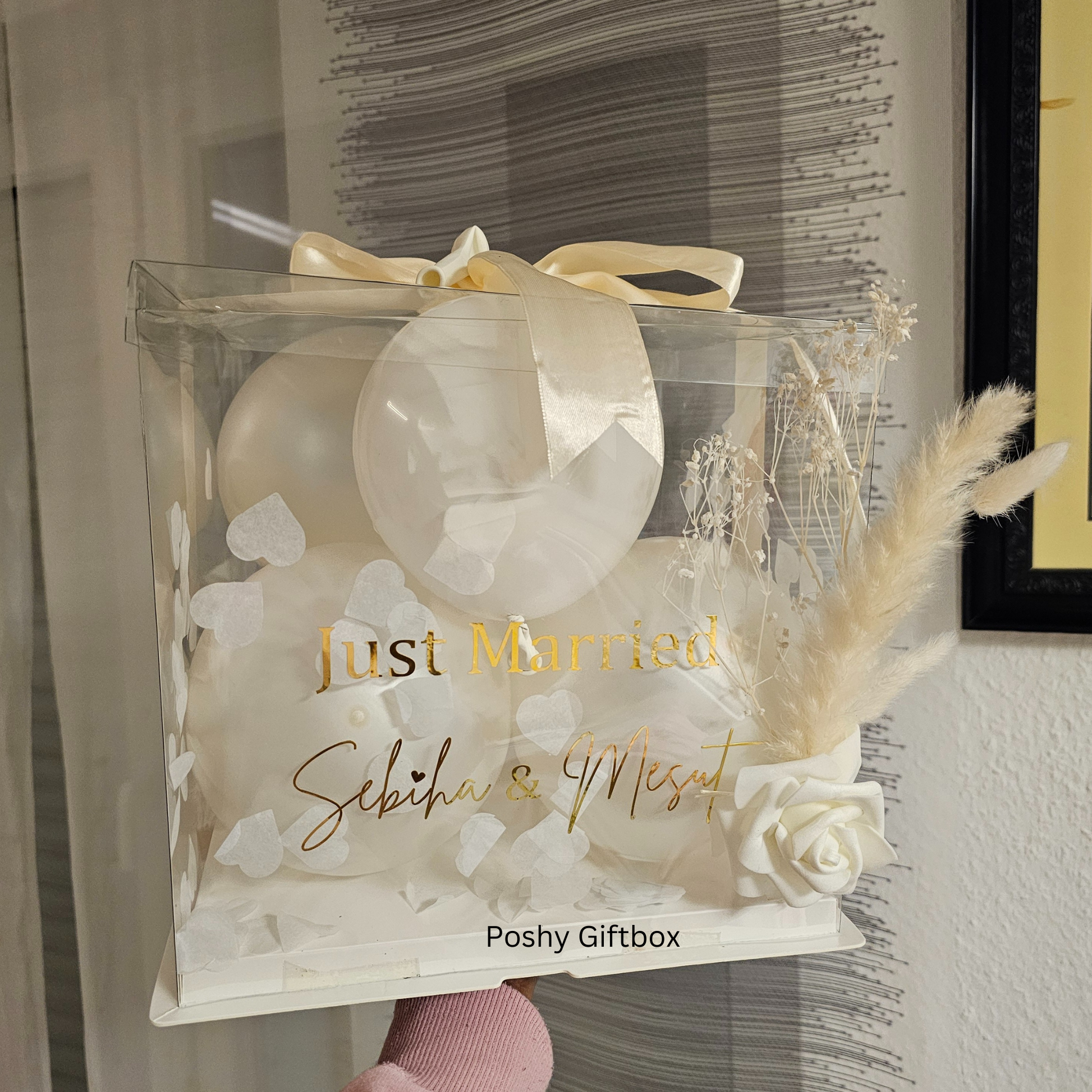 Personalisierte Ballon-Box HOCHZEIT/Geschenkbox Mit Trockenblumen/Luftballons/Geldgeschenkverpackung//Geldgeschenk/Geschenkballon /Geschenkverpackung PoshyGiftbox