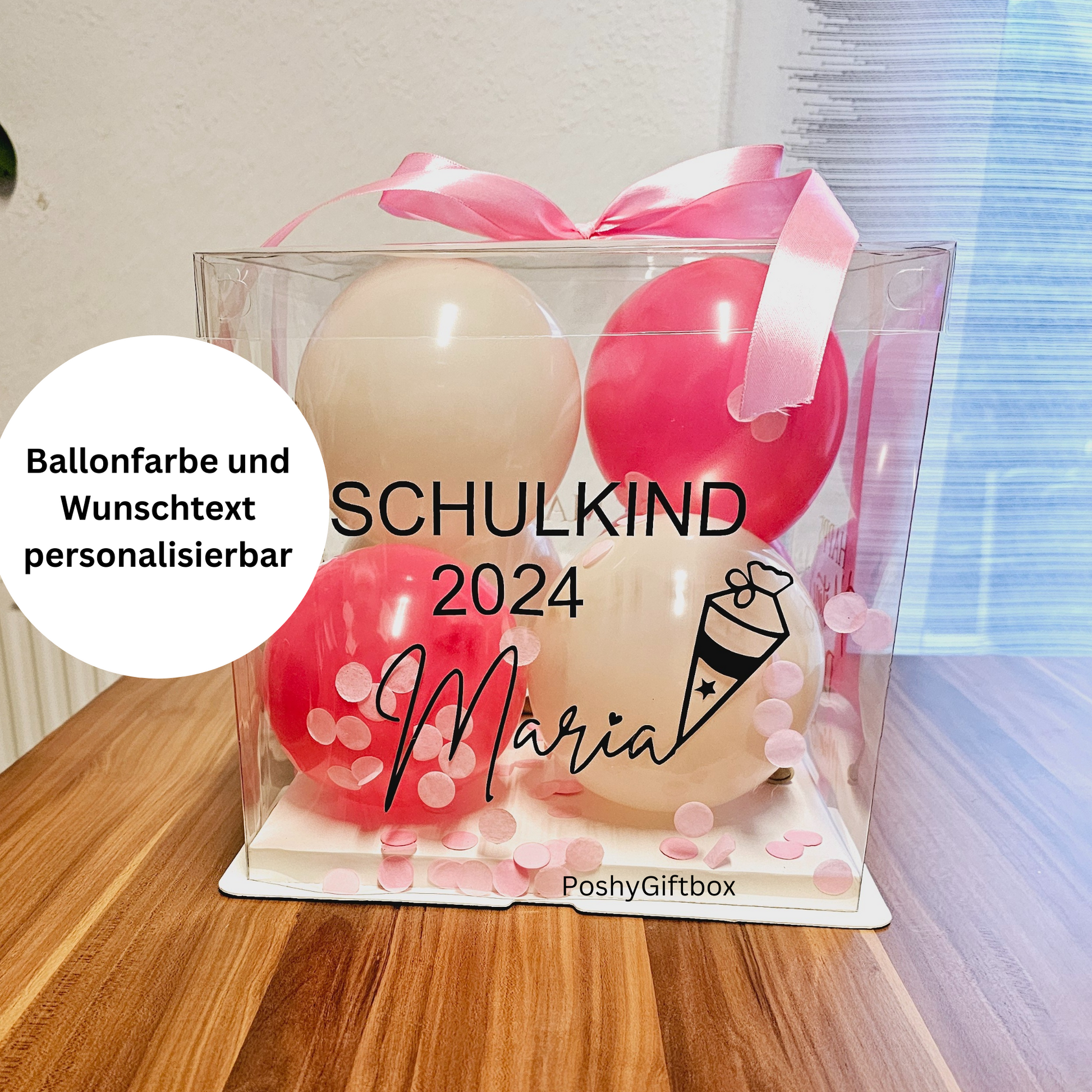 Personalisierte Ballonbox "SCHULKIND"/ mit Schulmaterial/Geschenk Mädchen Junge/Geschenkverpackung zur Einschulung/Geschenk Jugendweihe/Geschenkballon Geburtstag/ PoshyGiftbox