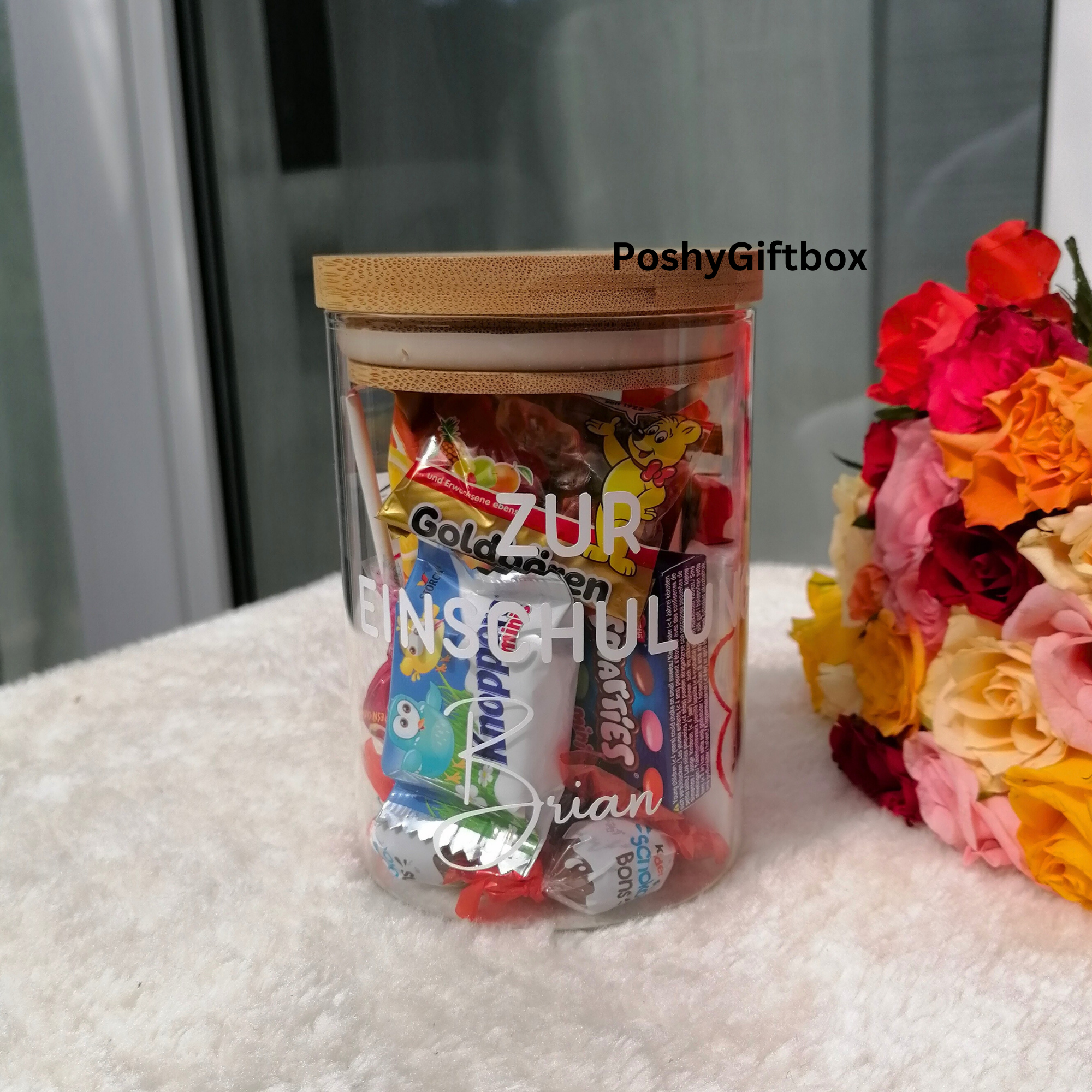 VORRATSGLAS mit Holzdeckel/Wunschtext/Danke für die schöne Zeit/t/Abschiedsgeschenk/Geschenkverpackung PoshyGiftbox