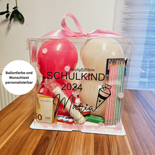 Personalisierte Ballonbox "SCHULKIND"/ mit Schulmaterial/Geschenk Mädchen Junge/Geschenkverpackung zur Einschulung/Geschenk Jugendweihe/Geschenkballon Geburtstag/ PoshyGiftbox