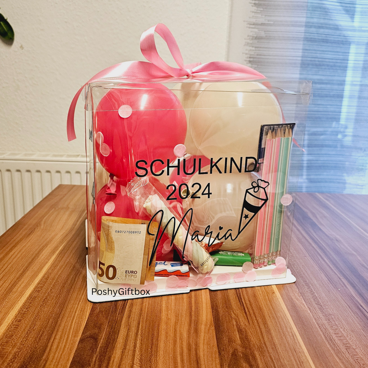 Personalisierte Ballonbox "SCHULKIND"/ mit Schulmaterial/Geschenk Mädchen Junge/Geschenkverpackung zur Einschulung/Geschenk Jugendweihe/Geschenkballon Geburtstag/ PoshyGiftbox