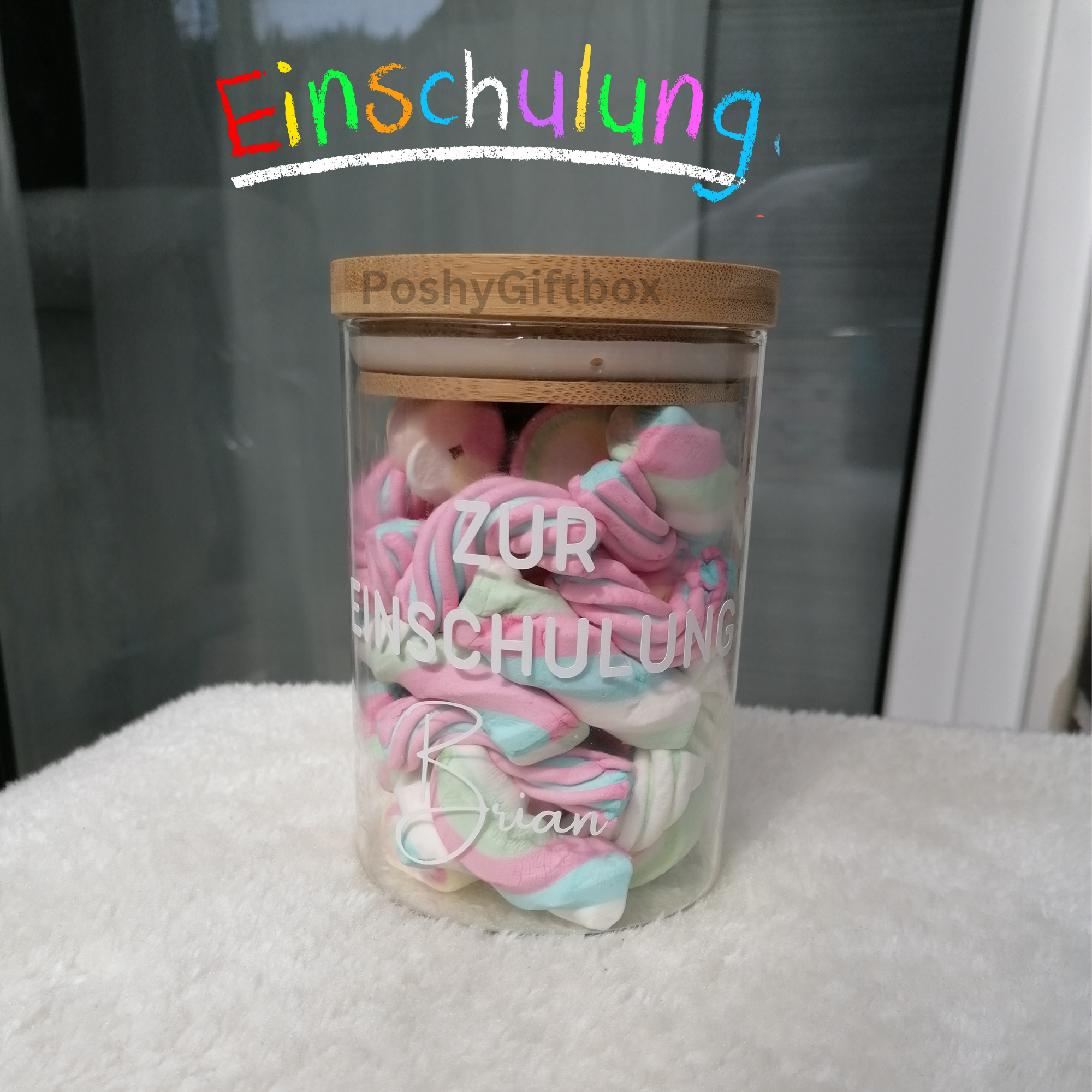 VORRATSGLAS mit Holzdeckel/Wunschtext/Danke für die schöne Zeit/t/Abschiedsgeschenk/Geschenkverpackung PoshyGiftbox