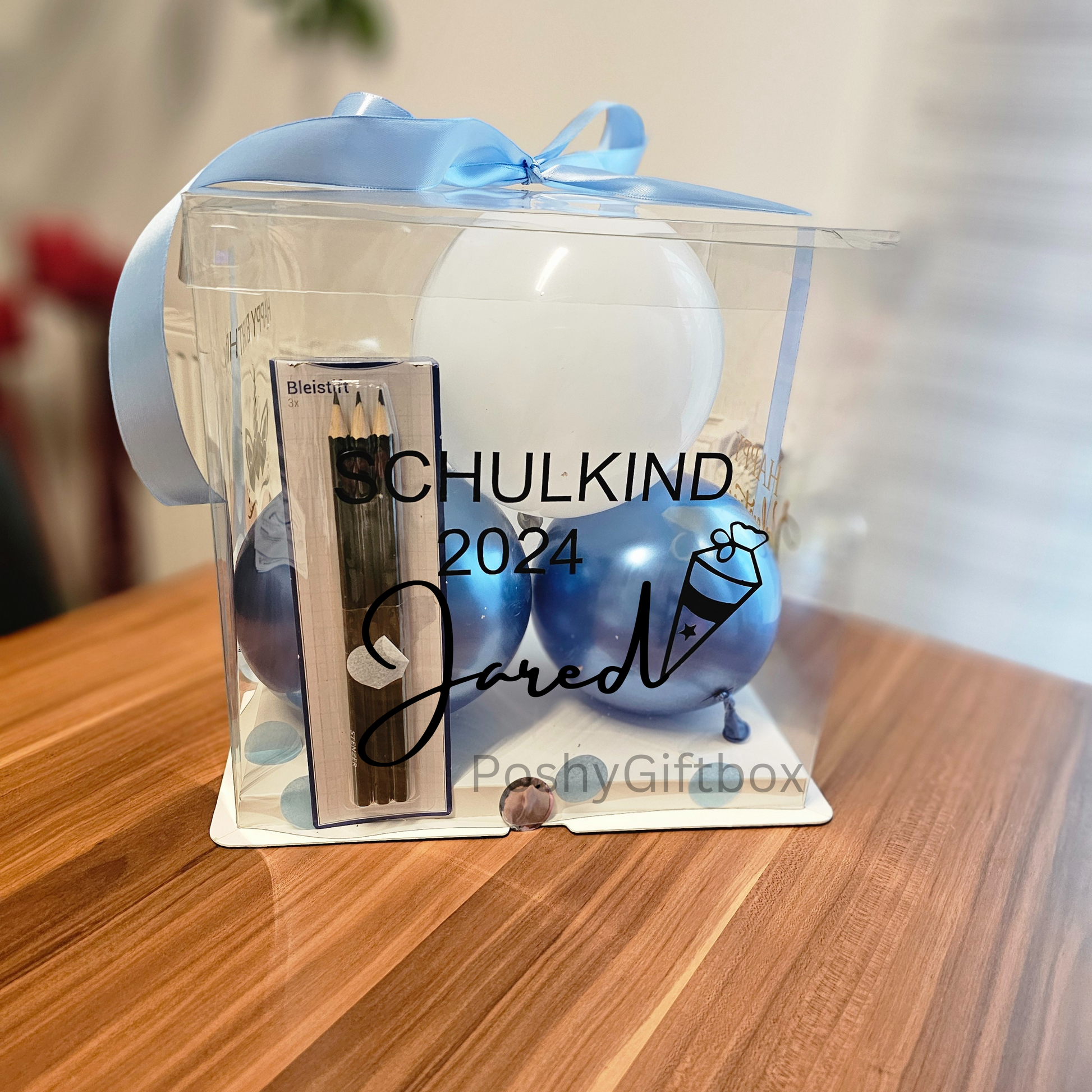 Personalisierte Ballonbox "SCHULKIND"/ mit Schulmaterial/Geschenk Mädchen Junge/Geschenkverpackung zur Einschulung/Geschenk Jugendweihe/Geschenkballon Geburtstag/ PoshyGiftbox