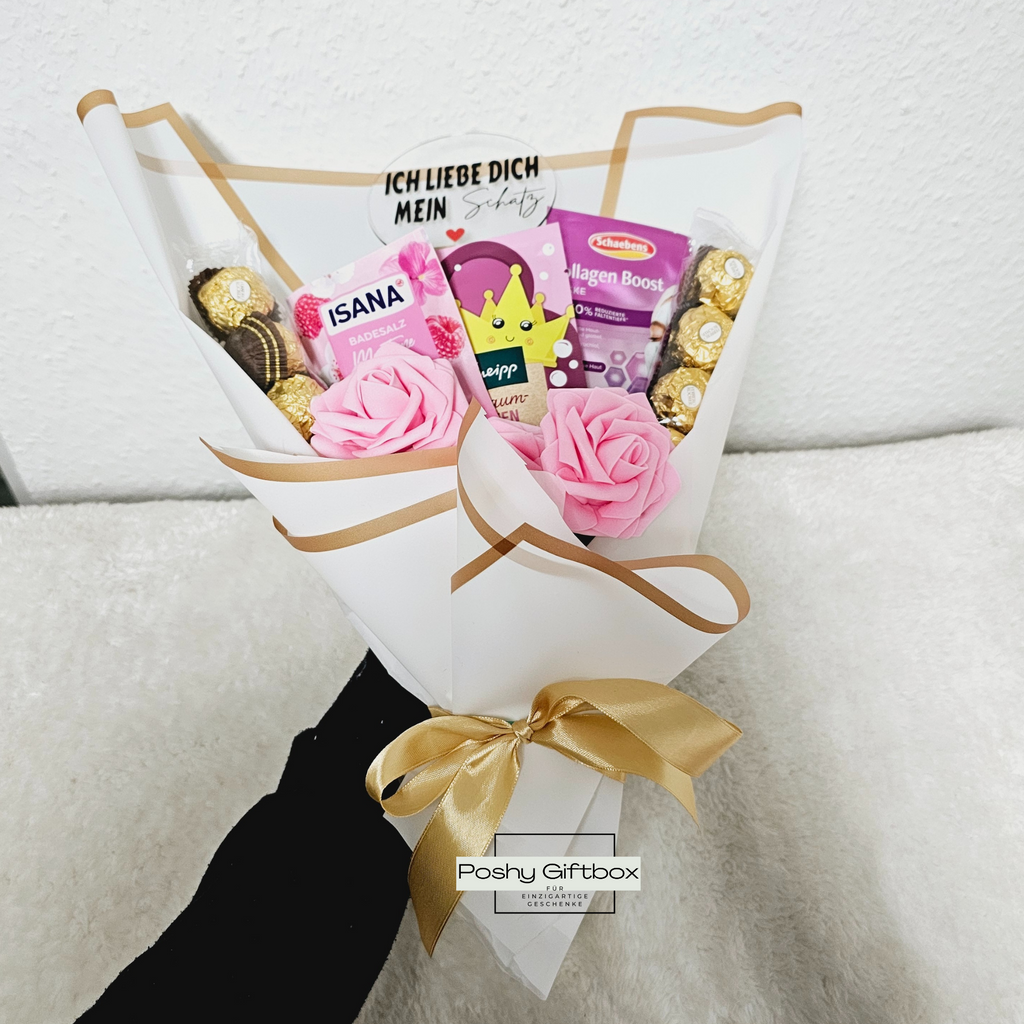 Pralinenstrauß mit Trockenblumen /Geburtstagsgeschenk,Weihnachtsgeschenk,Muttertag,Valentinstagsgeschenk /Essbarer Blumenstrauß/Entspannungsbox mit Trockenblumen/Wellnessbox Frauen PoshyGiftbox