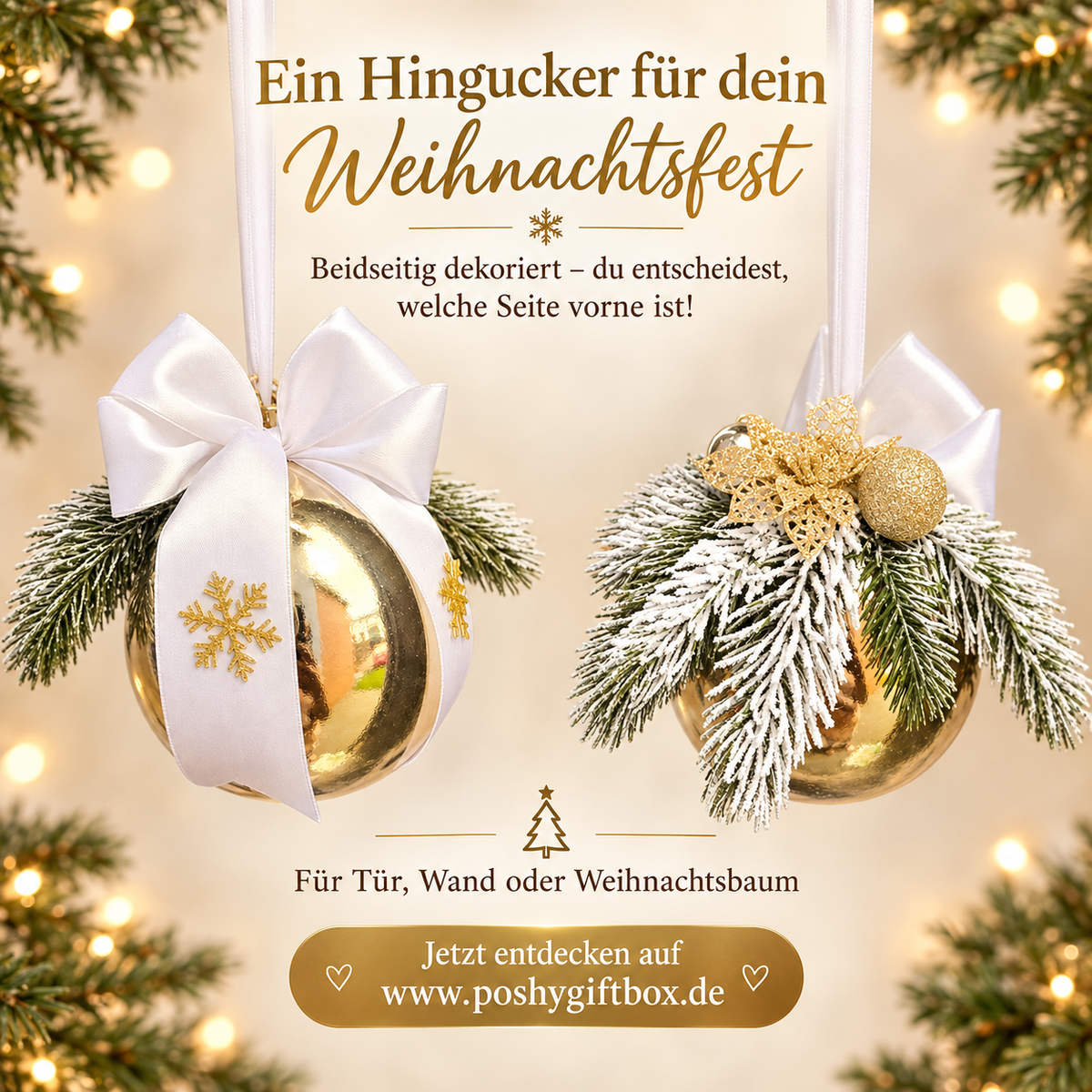 Riesige, festlich geschmückte Weihnachtskugel in Champagner. 40 cm hoch, mit frostigen Zweigen und Juteschleife. Nur ein Stück erhältlich. PoshyGiftbox