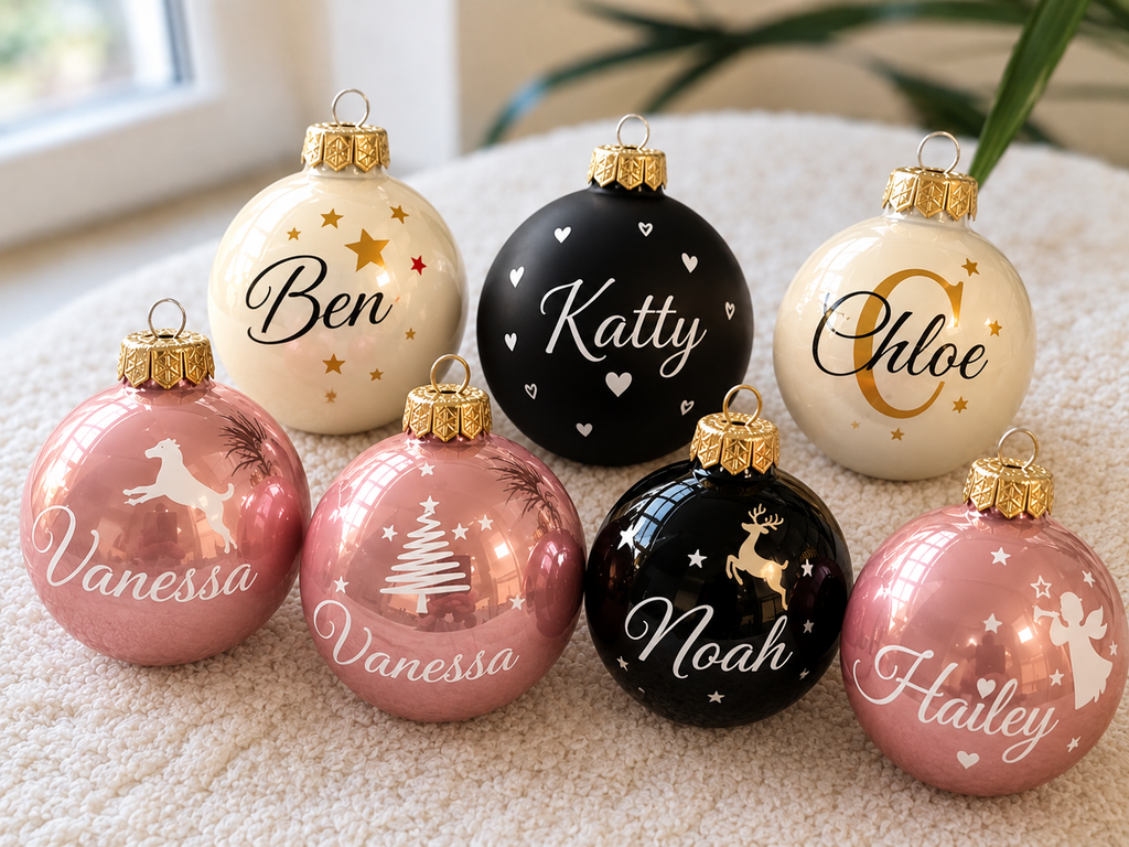 Personalisierte Weihnachtskugel mit Namen/Rosa/Schwarz/Creme PoshyGiftbox