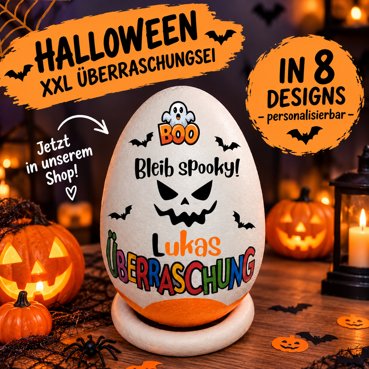 Halloween Überraschungsei XXL personalisiert,Styropor Ei mit Namen,Geburtstagsgeschenk,Halloween Geschenk für Kinder, Spooky , 8 Designs PoshyGiftbox