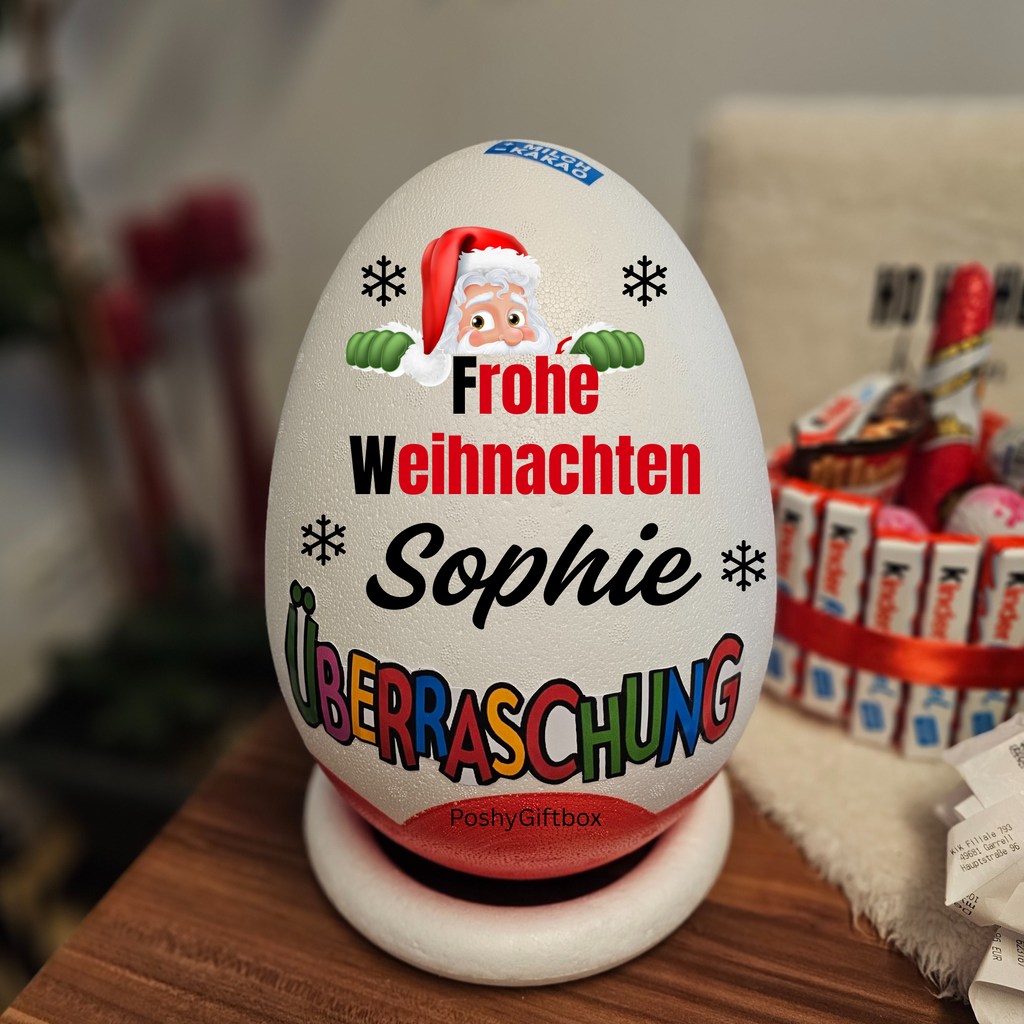 Überraschungsei Weihnachtsgeschenk/Schokoladengeschenke/XXL Überraschungsei mit Motive/9 Designs/Ü-Ei XXL/Sinnvolle Geschenke für Erwachsen, Kinder/Schokolade Personalisiert PoshyGiftbox