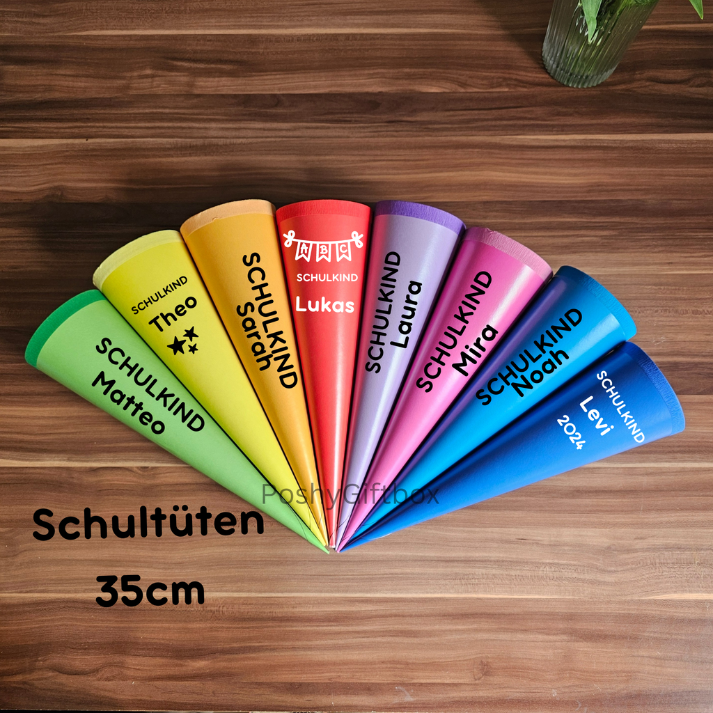 Schultüte 35cm Groß/Schultüten Bunt personalisiert/Zuckertüten mit Namen/Geschwisterschultüte/Geschenkverpackung Einschulung/Schulkind 2024/EDekoschultüten PoshyGiftbox