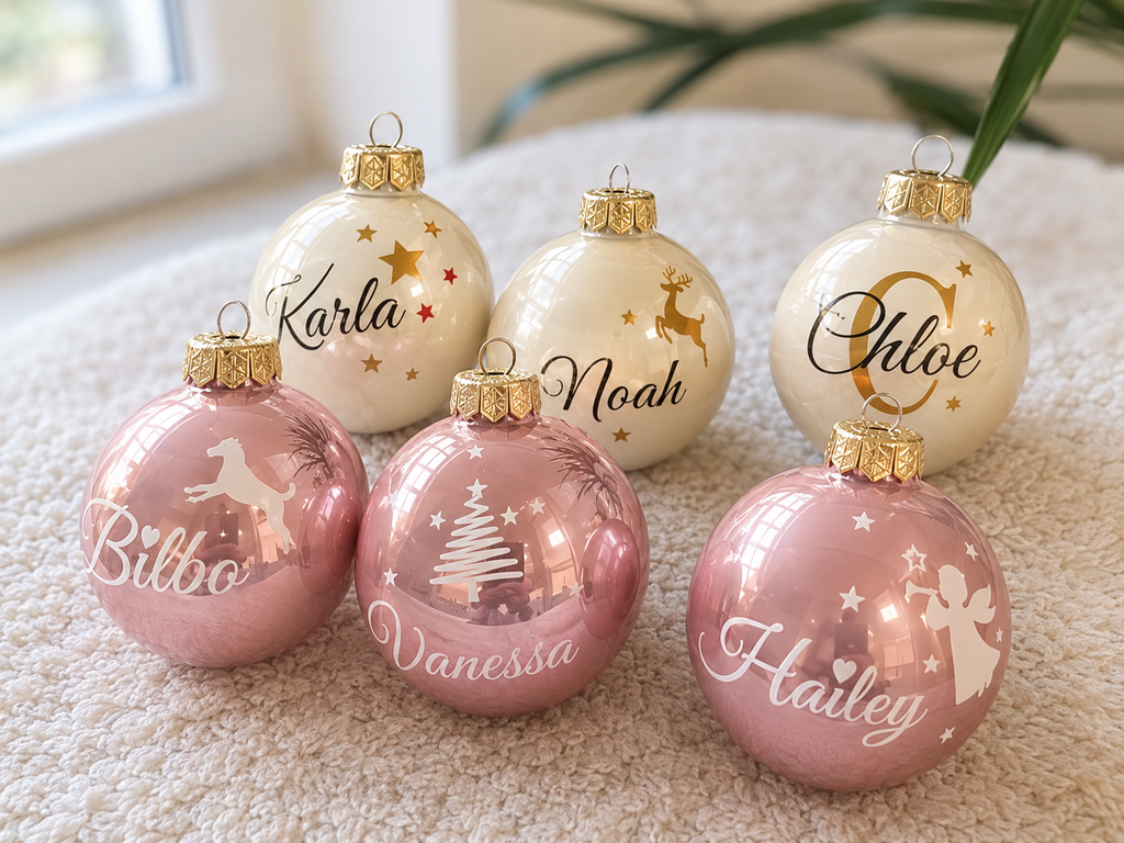 Personalisierte Weihnachtskugel mit Namen/Rosa/Schwarz/Creme PoshyGiftbox