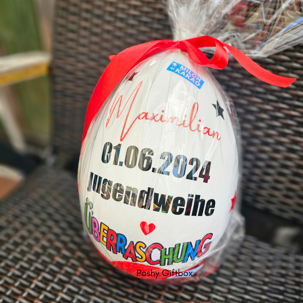 Personalisiertes XXL Überraschungsei JUGENDWEIHE /Schokoladen Geschenk Geburtstag/Überraschungsei XXL/Geburtstagsgeschenk/Geschenk Taufe/Kommunion  PoshyGiftbox