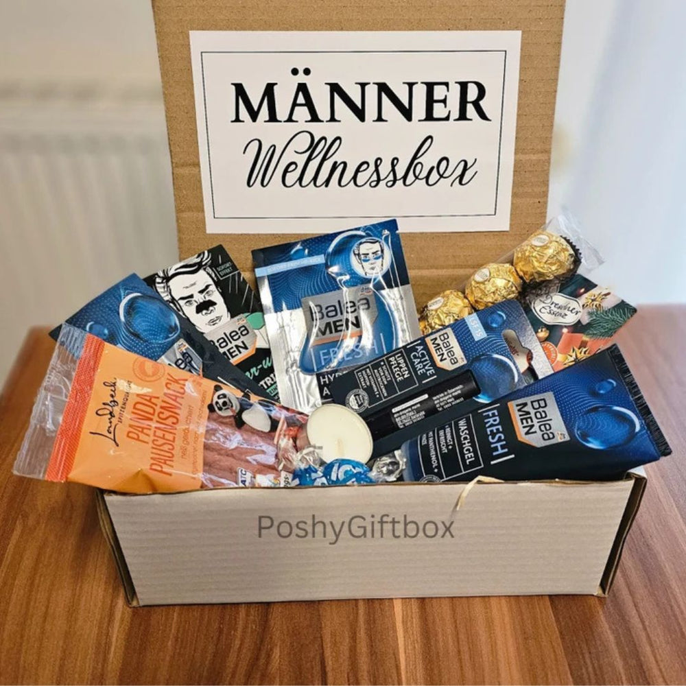 Exklusive Männer Geschenkbox von PoshyGiftbox mit hochwertigen Produkten als Geschenk für ihn zum Geburtstag, Vatertag, Jubiläum oder besonderen Anlass
